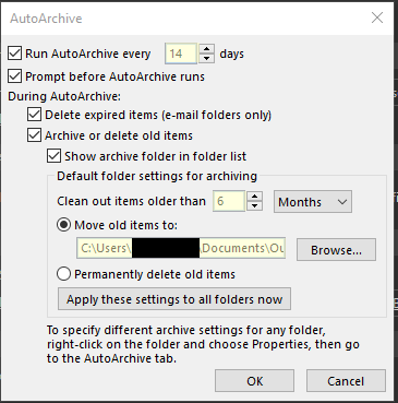 Auto Archive Active - Outlook 2016