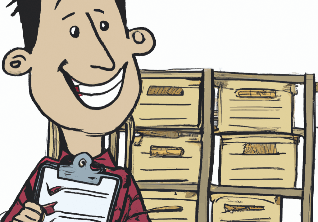 cartoon man smiling with clipboard in front of wooden crates. Created with OpenAI Image Generation.